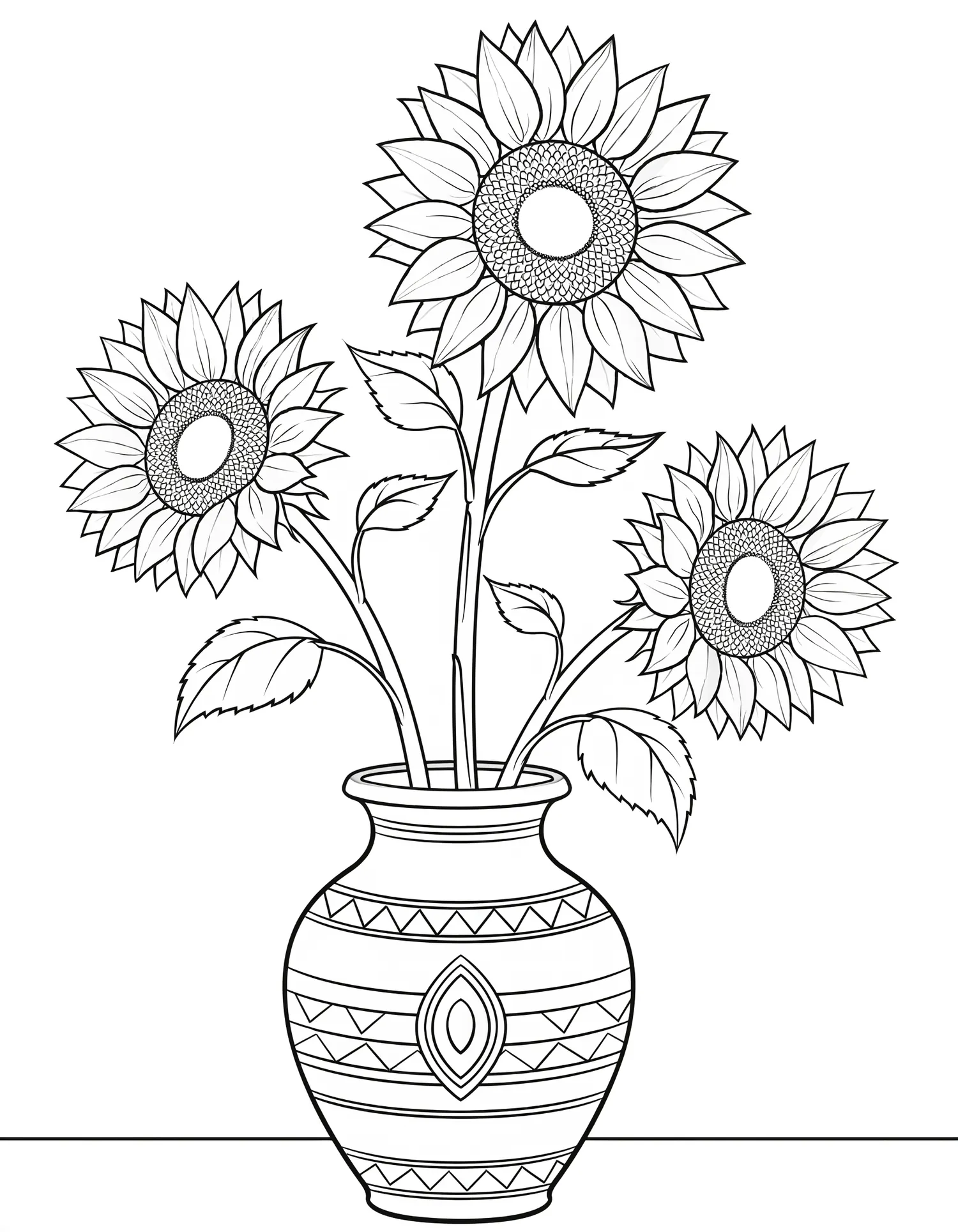Trois Tournesols en Vase — Coloriage fleur à imprimer gratuitement